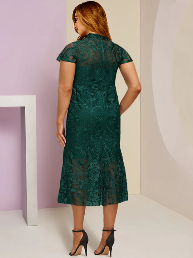 Luolandi Plus Size Curve Mother of the Bride Dress Wedding Guest Vintage Elegant High Neck Tea Length Lace Short Sleeve