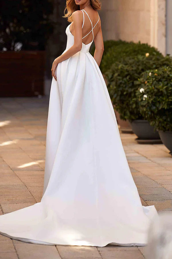 Luolandi Thin shoulder strap bohemian style slit satin wedding dress V-neck Sexy