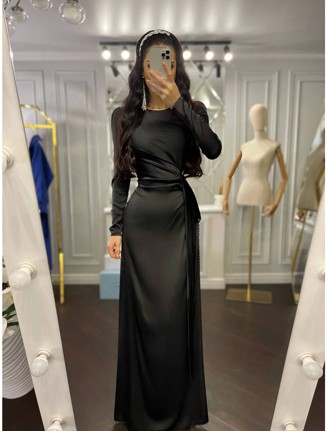 Luolandi Sheath Party Dress Evening Gown Elegant Dress Wedding Guest Fall Floor Length Long Sleeve High Neck Bridesmaid Dress Satin