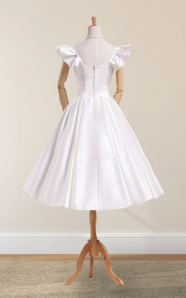 Luolandi Scalloped Tea-Length Satin Wedding Dress With Pleats