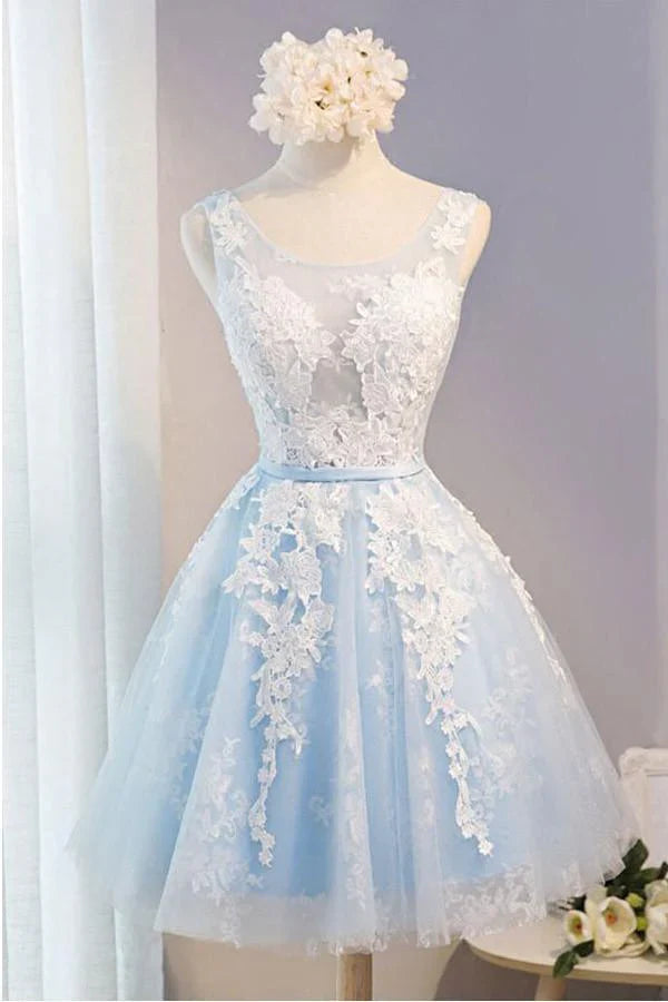 Luolandi Scoop Neck Short Tulle Appliques Lace Homecoming Dress Sky Blue Beautiful