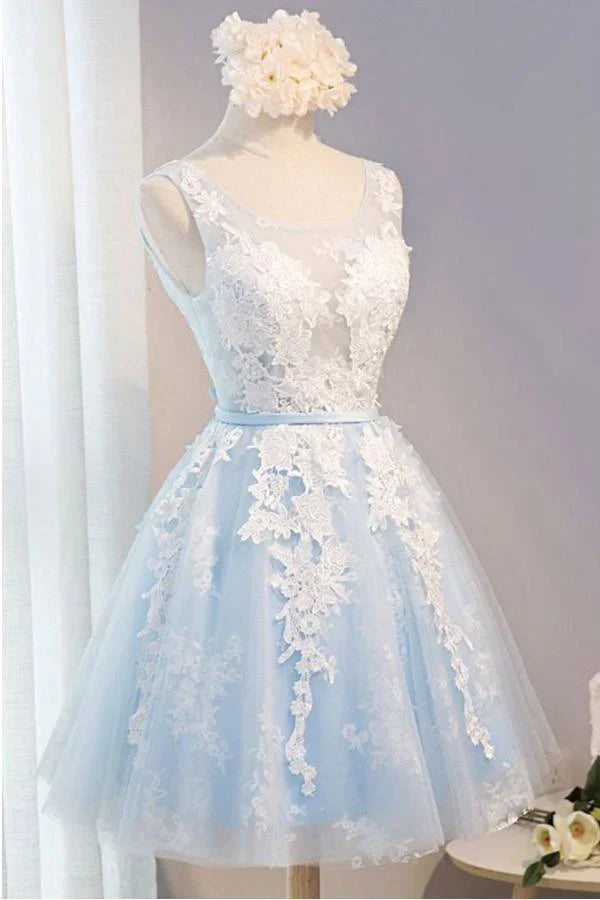 Luolandi Scoop Neck Short Tulle Appliques Lace Homecoming Dress Sky Blue Beautiful