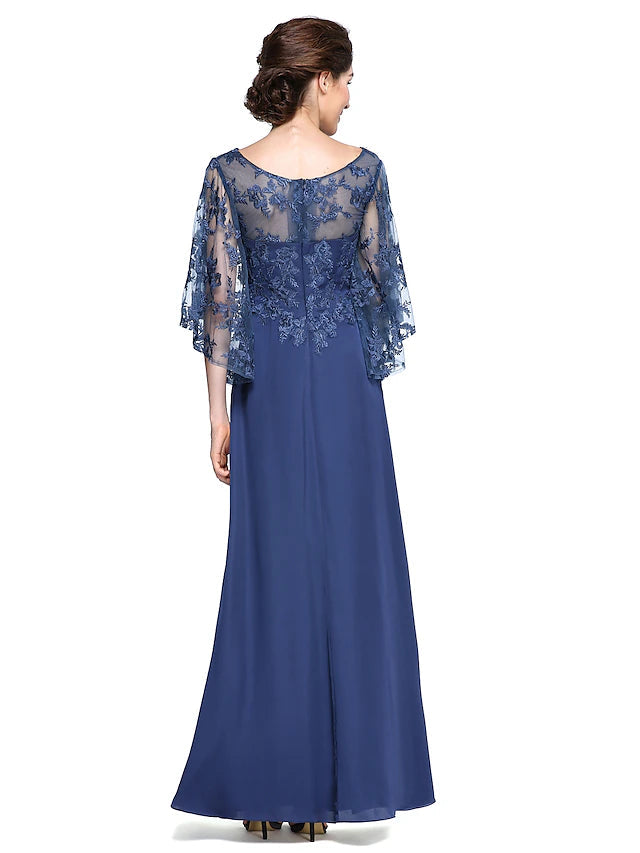 Luolandi Sheath / Column Mother of the Bride Dress Elegant See Through Bateau Neck Ankle Length Chiffon Lace Half Sleeve
