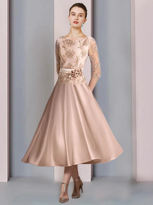 Luolandi A-Line Mother of the Bride Dress Formal Wedding Guest Vintage Party Elegant Scoop Neck Tea Length Satin Lace Half Sleeve with Flower