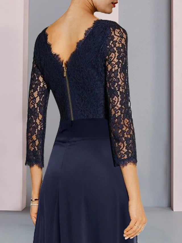 Luolandi Two Piece Sheath / Column Mother of the Bride Dress Formal Wedding Guest Elegant Scoop Neck Knee Length Chiffon Lace 3/4 Length Sleeve