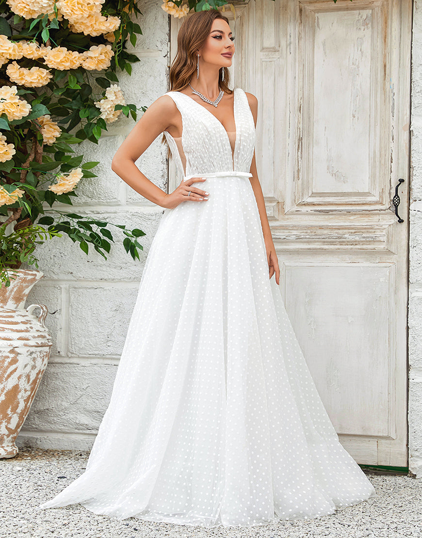 Luolandi Ivory Detachable Watteau Train Tulle Wedding Dress V-neck Sexy