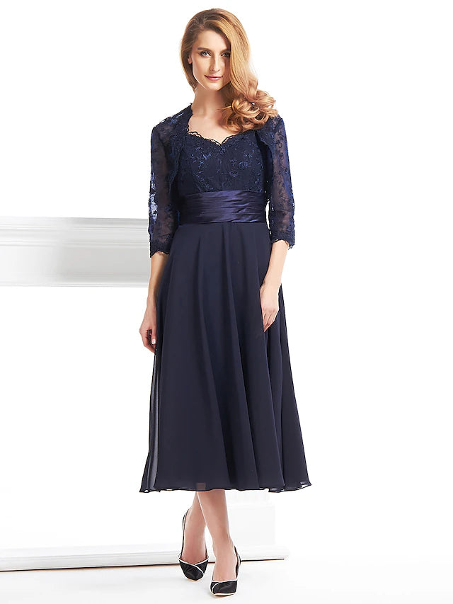 Luolandi A-Line Mother of the Bride Dress Convertible Dress V Neck Tea Length Chiffon Corded Lace Sleeveless with Lace