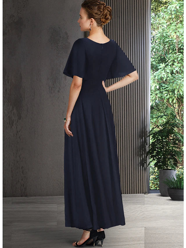 Luolandi A-Line Mother of the Bride Dress Elegant V Neck Ankle Length Chiffon Half Sleeve with Pleats Crystal