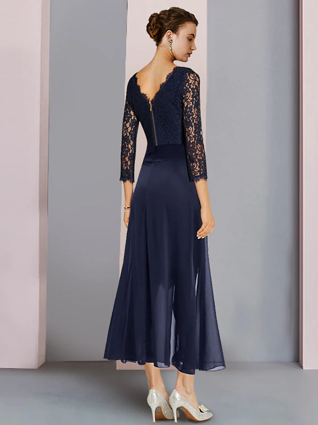 Luolandi Two Piece Sheath / Column Mother of the Bride Dress Formal Wedding Guest Elegant Scoop Neck Knee Length Chiffon Lace 3/4 Length Sleeve