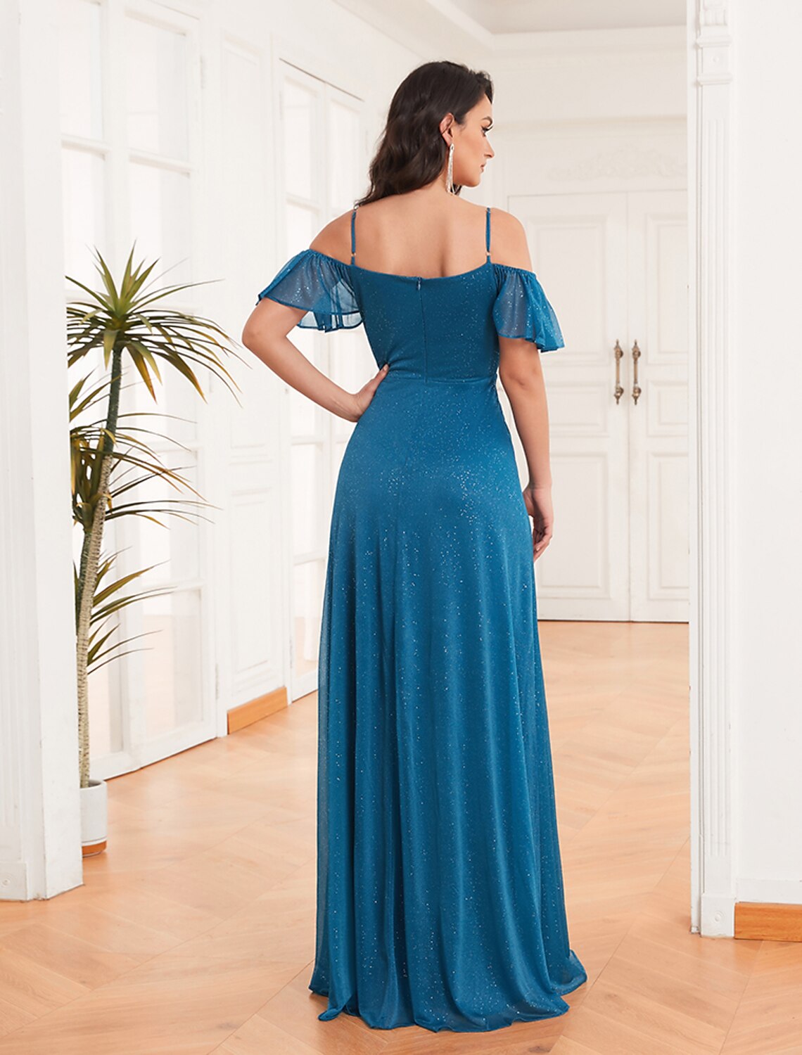 Luolandi New Off Shoulder A-Line Side Split Sparkle Chiffon Bridesmaid Dress Adjustable Spaghetti Strap Ruffle Plus Size