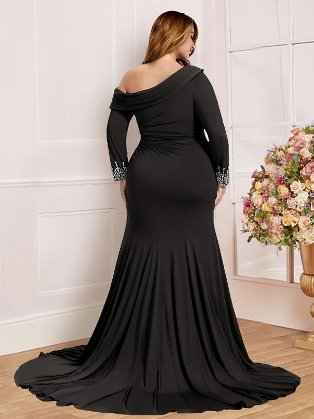Luolandi Plus Size Curve Mother of the Bride Dress Formal Vintage Elegant Off Shoulder Sweep / Brush Train Fabric Long Sleeve with Crystals Split