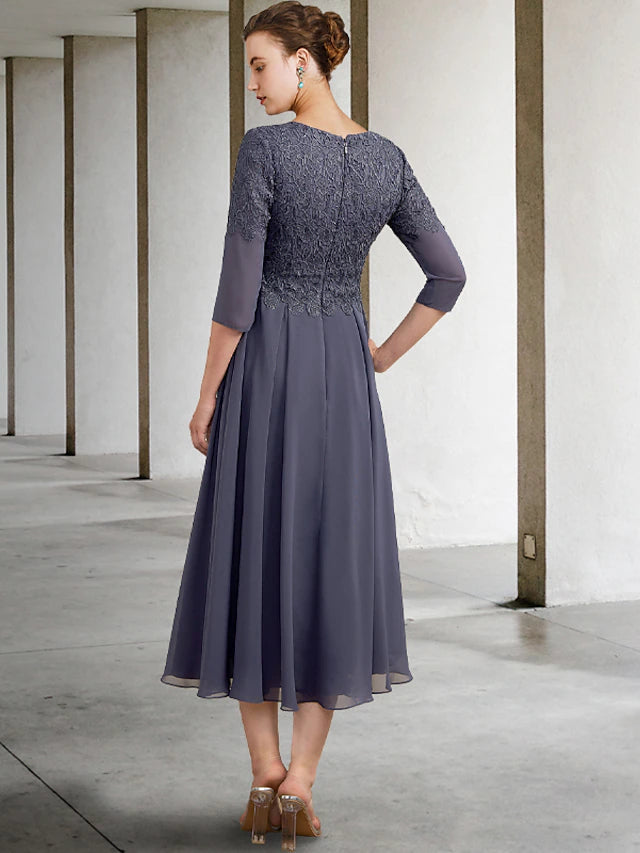 Luolandi A-Line Mother of the Bride Dress Plus Size Elegant V Neck Tea Length Chiffon Lace 3/4 Length Sleeve