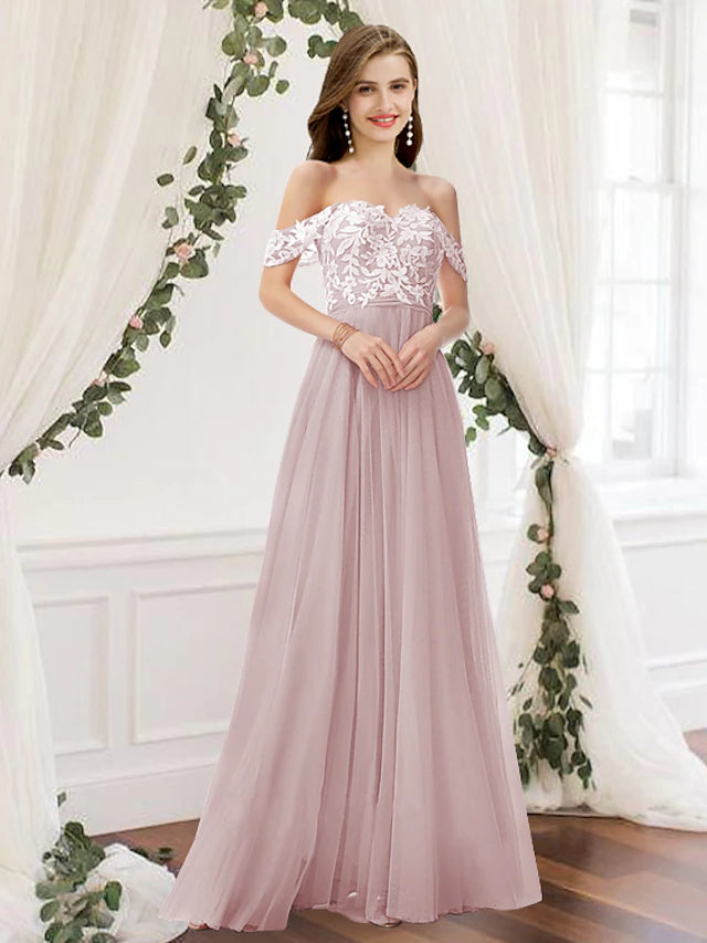 Luolandi A-Line Bridesmaid Dress Off Shoulder Sleeveless Elegant Floor Length Chiffon / Lace with Pleats