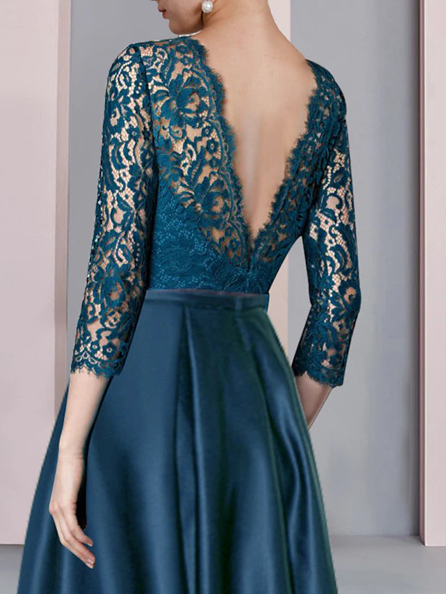 Luolandi A-Line Mother of the Bride Dress Formal Wedding Guest Elegant High Low Scoop Neck Asymmetrical Tea Length Satin Lace Half Sleeve