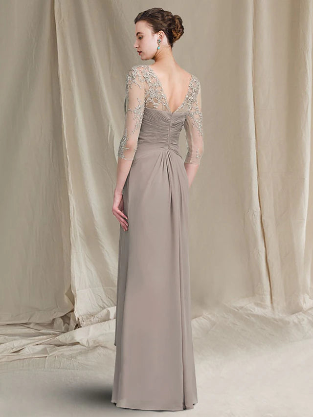 Luolandi A-Line Mother of the Bride Dress Plus Size Elegant Jewel Neck Floor Length Chiffon Lace 3/4 Length Sleeve with Ruched