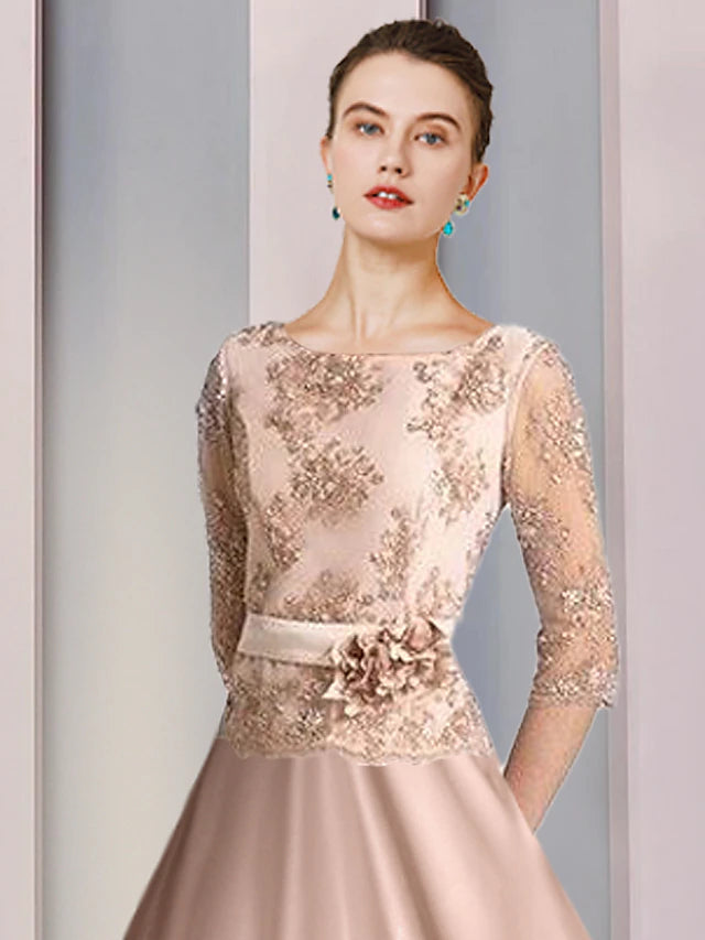 Luolandi A-Line Mother of the Bride Dress Formal Wedding Guest Vintage Party Elegant Scoop Neck Tea Length Satin Lace Half Sleeve with Flower
