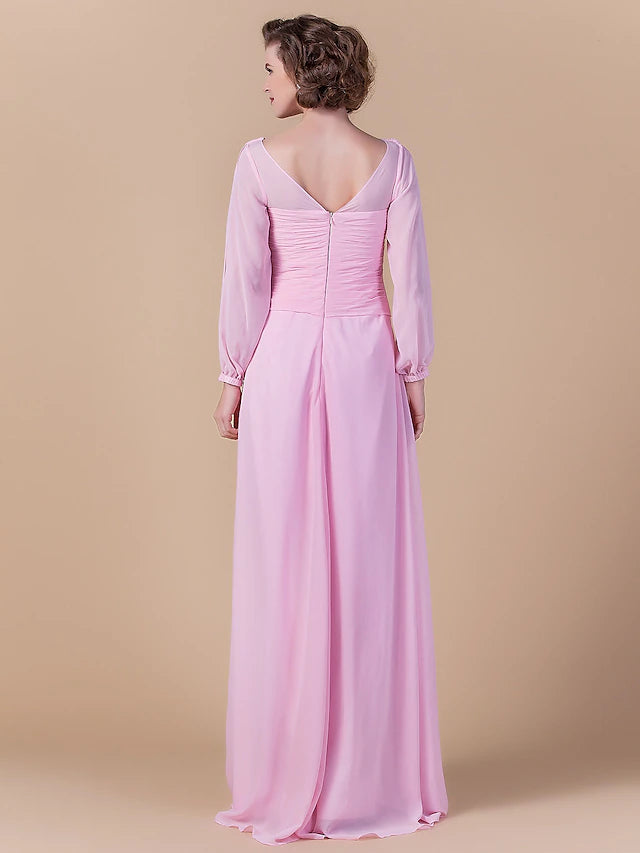 Luolandi Sheath / Column Mother of the Bride Dress Vintage Inspired Cowl Neck Floor Length Chiffon Long Sleeve with Criss Cross