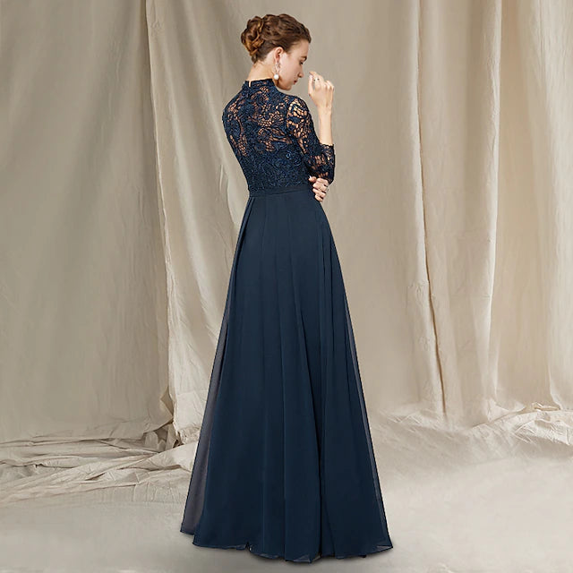 Luolandi A-Line Mother of the Bride Dress Elegant High Neck Floor Length Chiffon Lace Short Sleeve