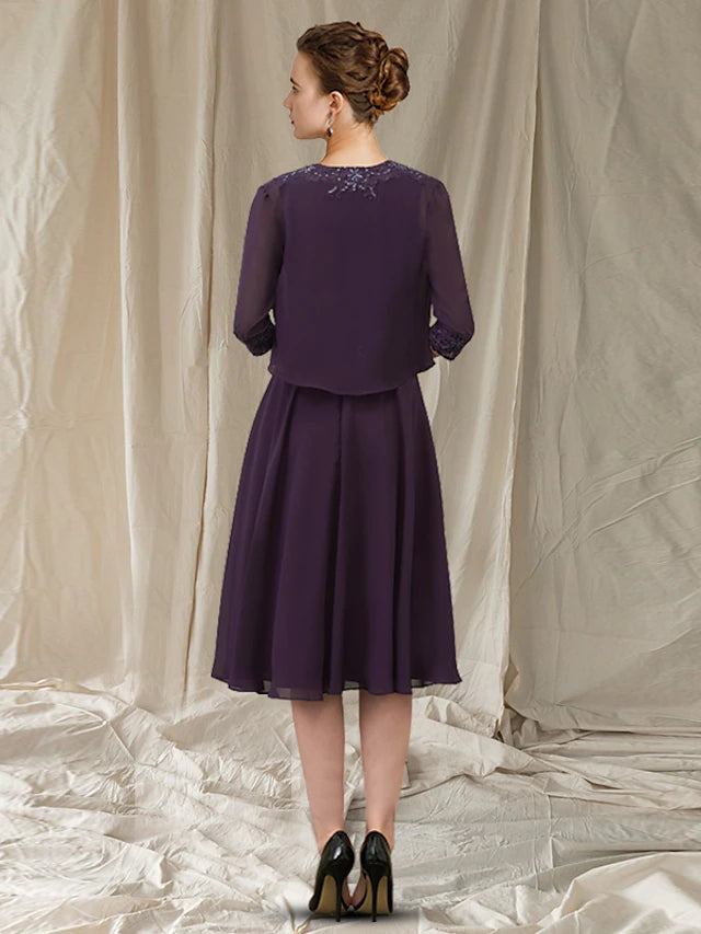 Luolandi Two Piece Sheath / Column Mother of the Bride Dress Church Elegant Jewel Neck Knee Length Chiffon Lace Sleeveless