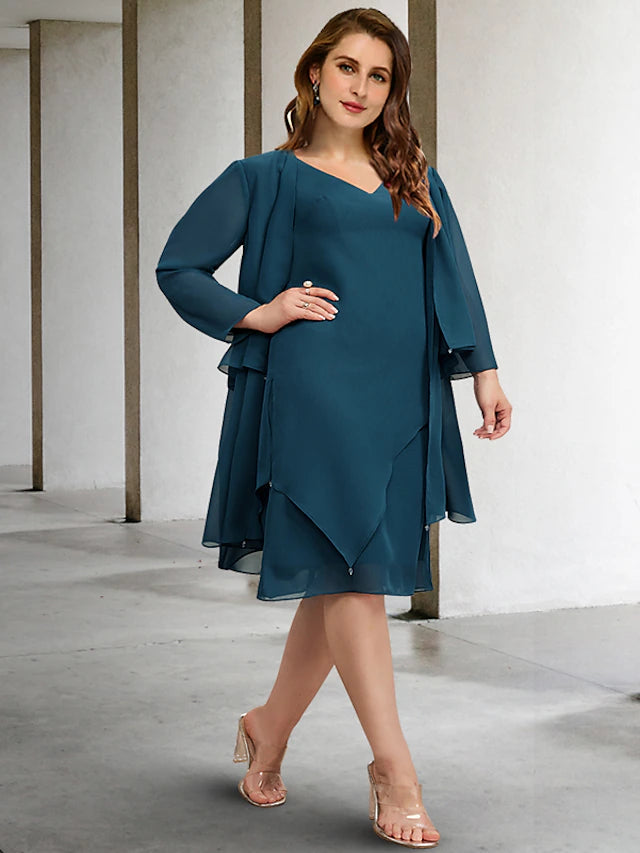 Luolandi Two Piece A-Line Plus Size Curve Mother of the Bride Dresses Elegant Dress Formal Knee Length Sleeveless V Neck Chiffon