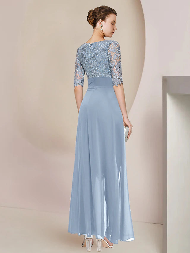 Luolandi Sheath / Column Mother of the Bride Dress Formal Wedding Guest Elegant V Neck Knee Length Chiffon Lace Half Sleeve