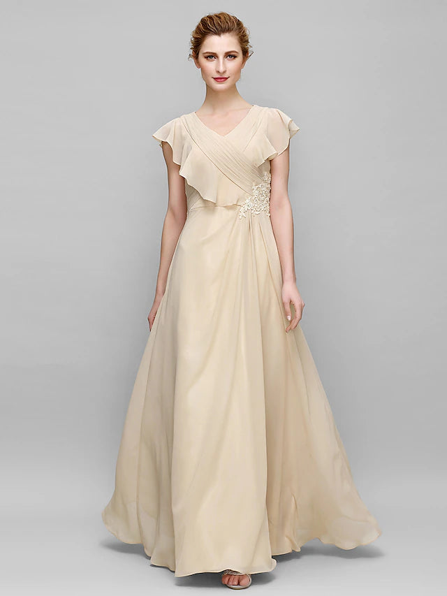 Luolandi Sheath / Column Mother of the Bride Dress Plus Size Elegant V Neck Floor Length Chiffon Sleeveless with Appliques