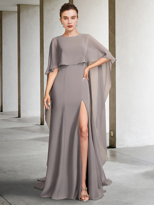 Luolandi A-Line Mother of the Bride Dress Plus Size Elegant Jewel Neck Sweep / Brush Train Chiffon Sleeveless with Split