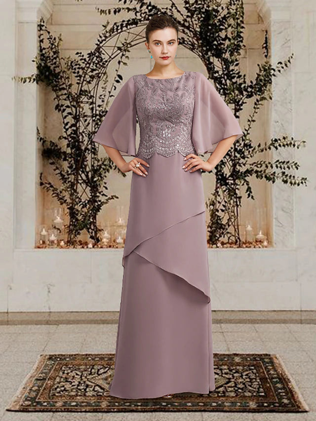 Luolandi Sheath / Column Mother of the Bride Dress Plus Size Elegant Jewel Neck Floor Length Chiffon Lace Short Sleeve with Ruffles