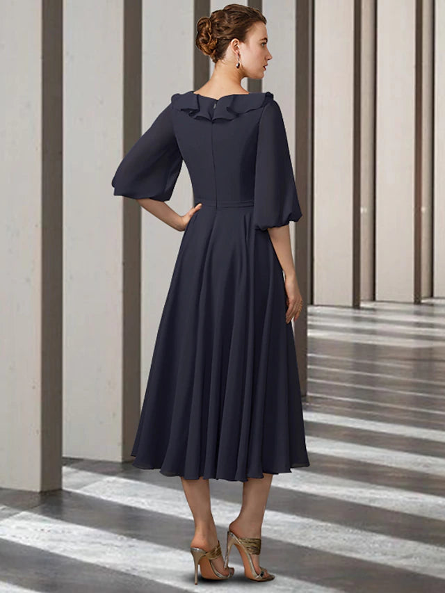 Luolandi A-Line Mother of the Bride Dress Elegant Jewel Neck Tea Length Chiffon Half Sleeve with Pleats
