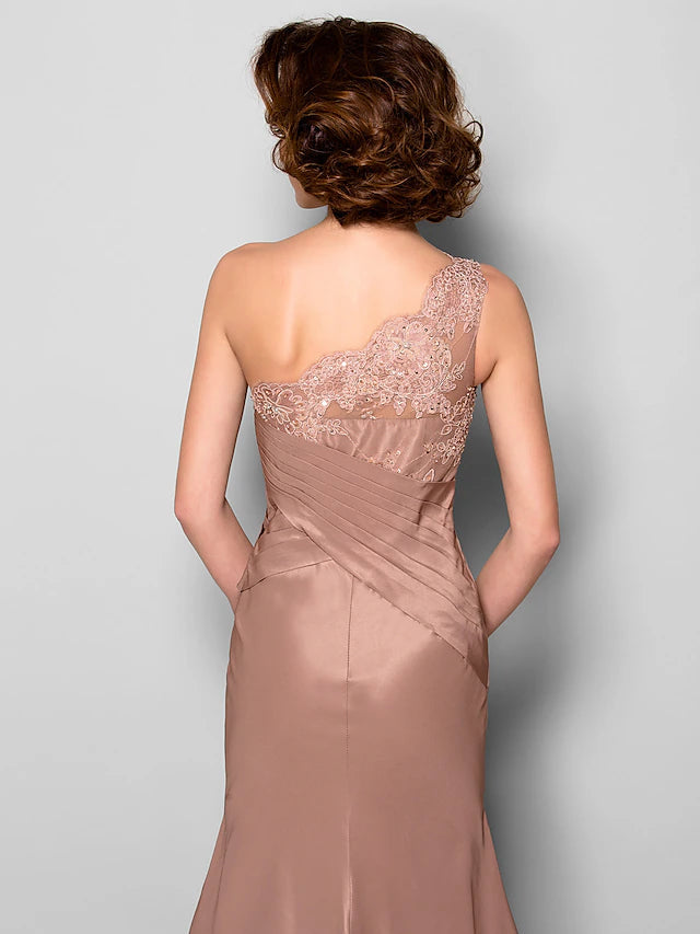 Luolandi Mermaid / Trumpet Mother of the Bride Dress Floral One Shoulder Sweep / Brush Train Lace Taffeta Sleeveless