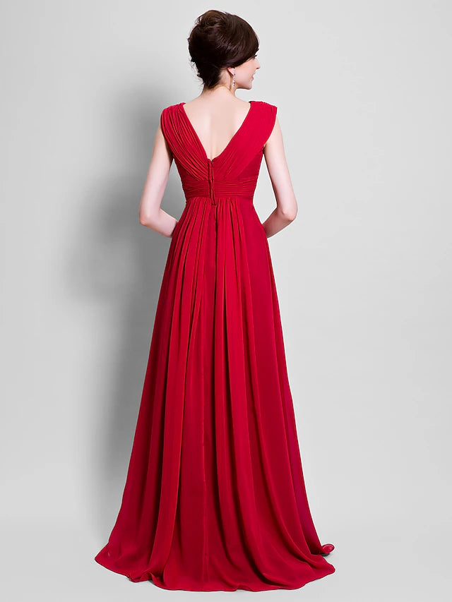 Luolandi A-Line Mother of the Bride Dress Open Back V Neck Floor Length Chiffon Sleeveless with Beading