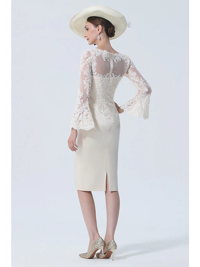 Luolandi Sheath / Column Mother of the Bride Dress Formal Wedding Guest Elegant detachable Scoop Neck Knee Length Chiffon Lace Sleeveless