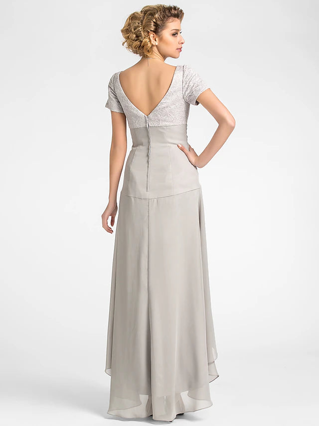Luolandi A-Line Mother of the Bride Dress Floral High Low V Neck Asymmetrical Chiffon Lace Short Sleeve with Flower