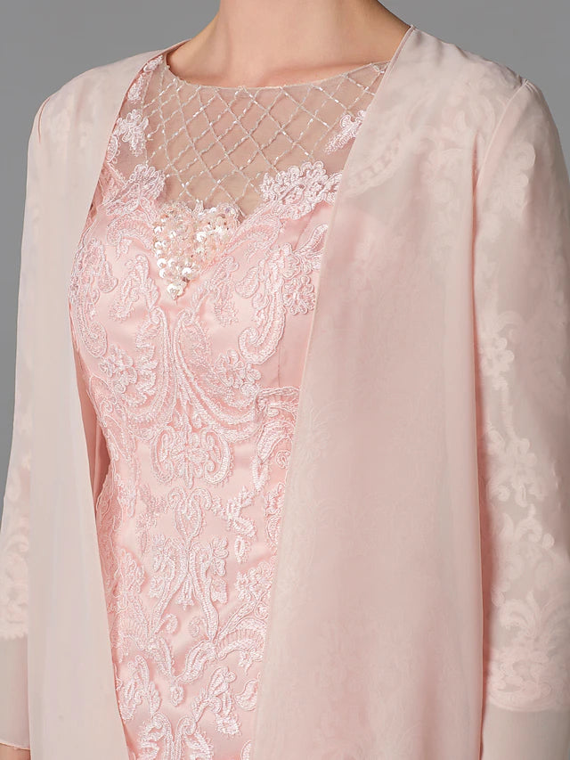 Luolandi Two Piece Sheath / Column Mother of the Bride Dress Church Sparkle & Shine Jewel Neck Knee Length Chiffon Lace 3/4 Length Sleeve Jacket Dresses with Beading
