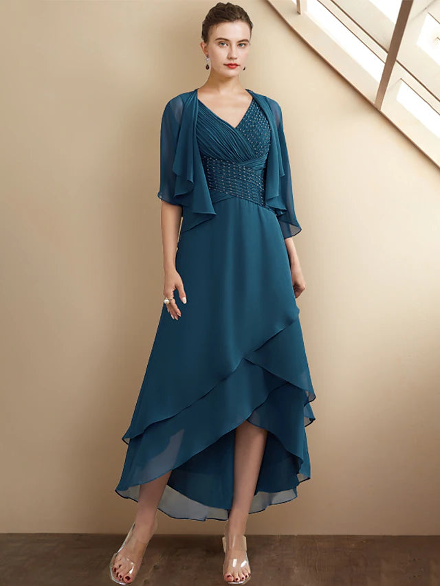 Luolandi A-Line Mother of the Bride Dress Elegant High Low V Neck Asymmetrical Tea Length Chiffon Sleeveless Wrap Included with Beading Cascading Ruffles