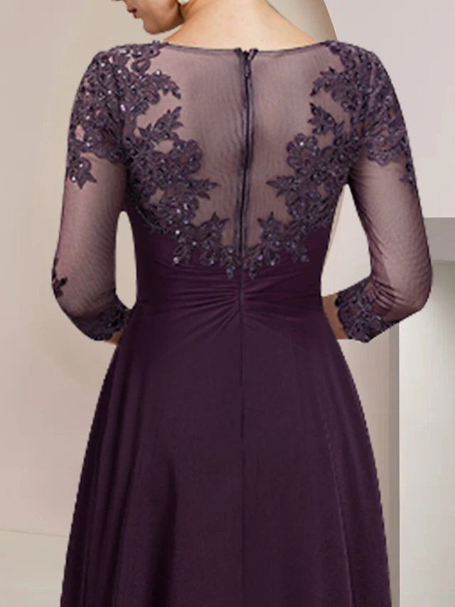 Luolandi A-Line Mother of the Bride Dress Formal Wedding Guest Elegant High Low Scoop Neck Asymmetrical Tea Length Chiffon Lace 3/4 Length Sleeve with Appliques