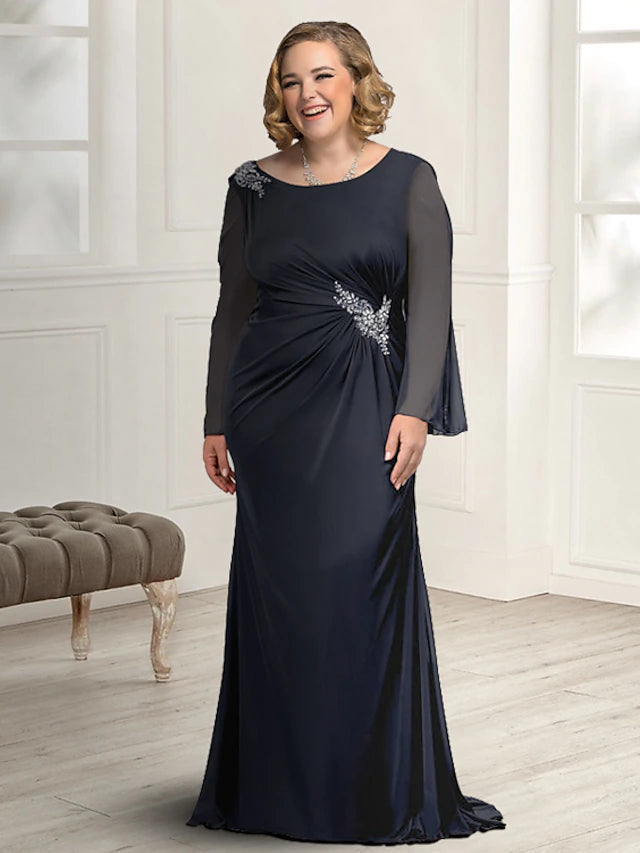 Luolandi Sheath / Column Mother of the Bride Dress Plus Size Elegant Jewel Neck Sweep / Brush Train Chiffon Long Sleeve with Ruched