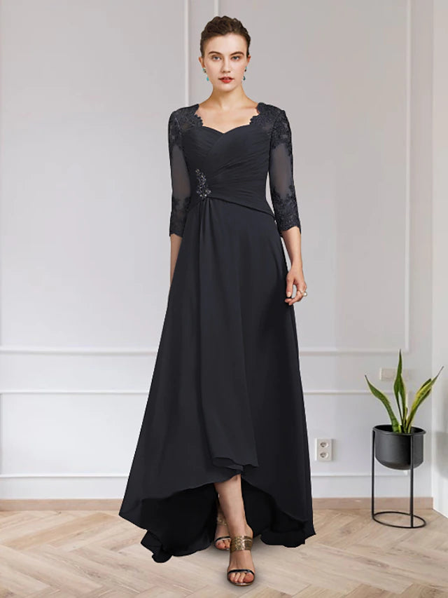 Luolandi A-Line Mother of the Bride Dress Elegant High Low V Neck Asymmetrical Floor Length Chiffon Lace Half Sleeve with Appliques