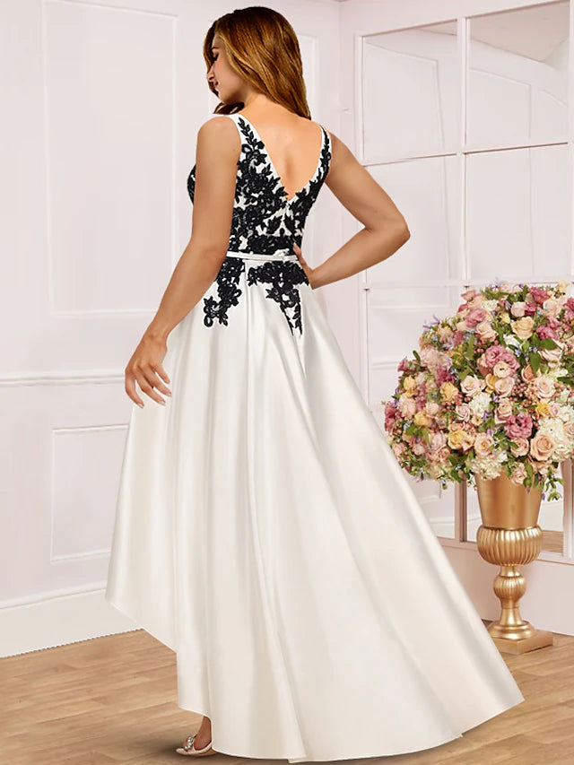 Luolandi Plus Size Curve Mother of the Bride Dress Wedding Guest Party Elegant V Neck Asymmetrical Satin Lace Sleeveless