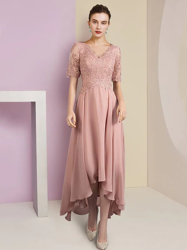 Luolandi Two Piece A-Line Mother of the Bride Dress Formal Wedding Guest Elegant High Low V Neck Asymmetrical Tea Length Chiffon Lace Short Sleeve Wrap Included