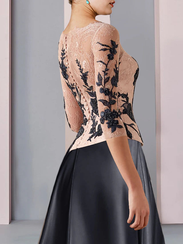 Luolandi A-Line Mother of the Bride Dress Formal Wedding Guest Party Elegant V Neck Tea Length Satin Lace 3/4 Length Sleeve with Pleats Appliques