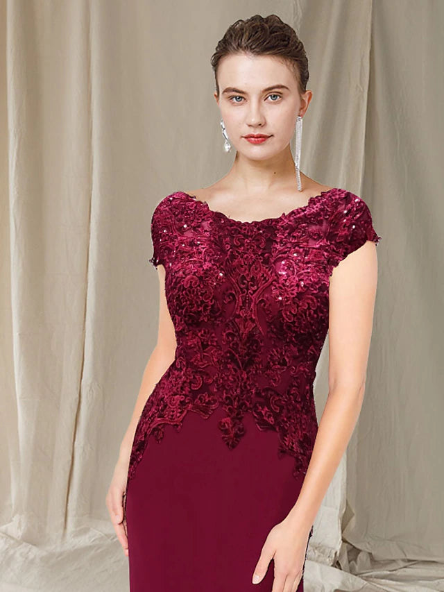 Luolandi A-Line Mother of the Bride Dress Elegant Jewel Neck Sweep / Brush Train Chiffon Lace Short Sleeve