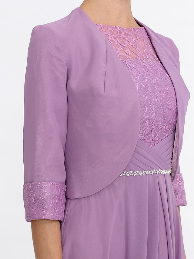 Luolandi Two Piece Ball Gown A-Line Mother of the Bride Dress Formal Church Convertible Dress High Low See Through Illusion Neck Asymmetrical Chiffon Lace 3/4 Length Sleeve