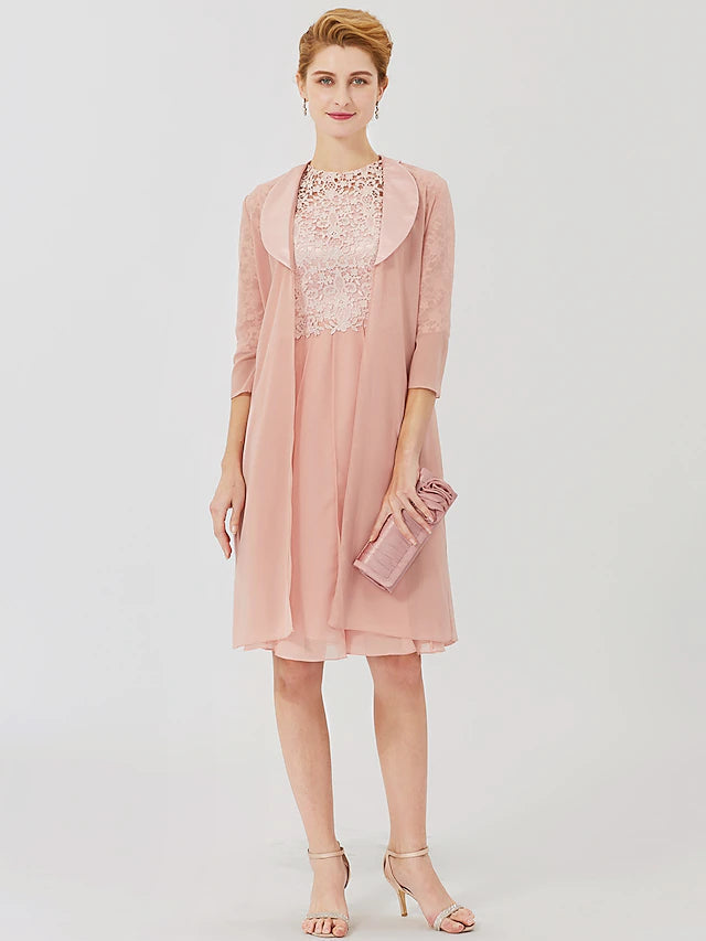 Luolandi Ball Gown Mother of the Bride Dress Formal Classic & Timeless Elegant & Luxurious Convertible Dress Illusion Neck Knee Length Chiffon Floral Lace 3/4 Length Sleeve