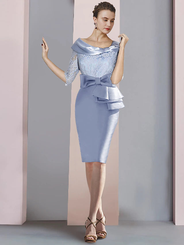 Luolandi Sheath / Column Mother of the Bride Dress Wedding Guest Party Elegant Scoop Neck Knee Length Satin Lace Half Sleeve with Bow(s)
