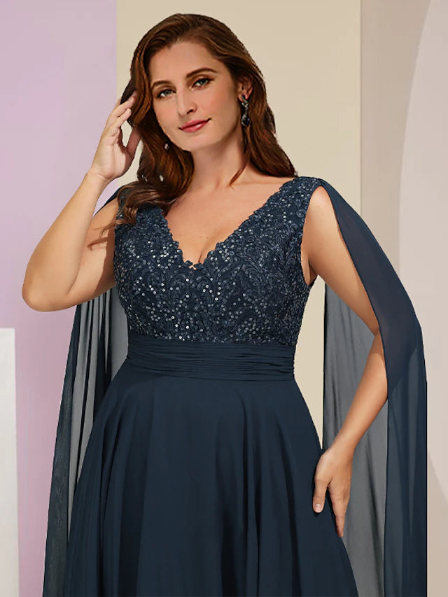 Luolandi Plus Size Curve Mother of the Bride Dress Formal Party Elegant V Neck Floor Length Chiffon Lace Sleeveless with Pleats