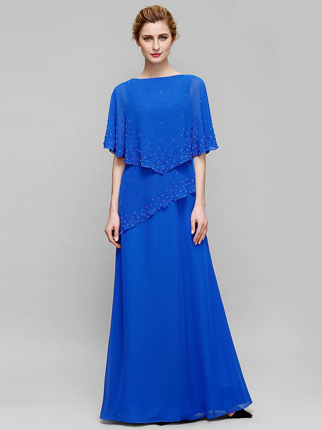Luolandi Sheath / Column Mother of the Bride Dress Elegant Bateau Neck Floor Length Chiffon Sleeveles