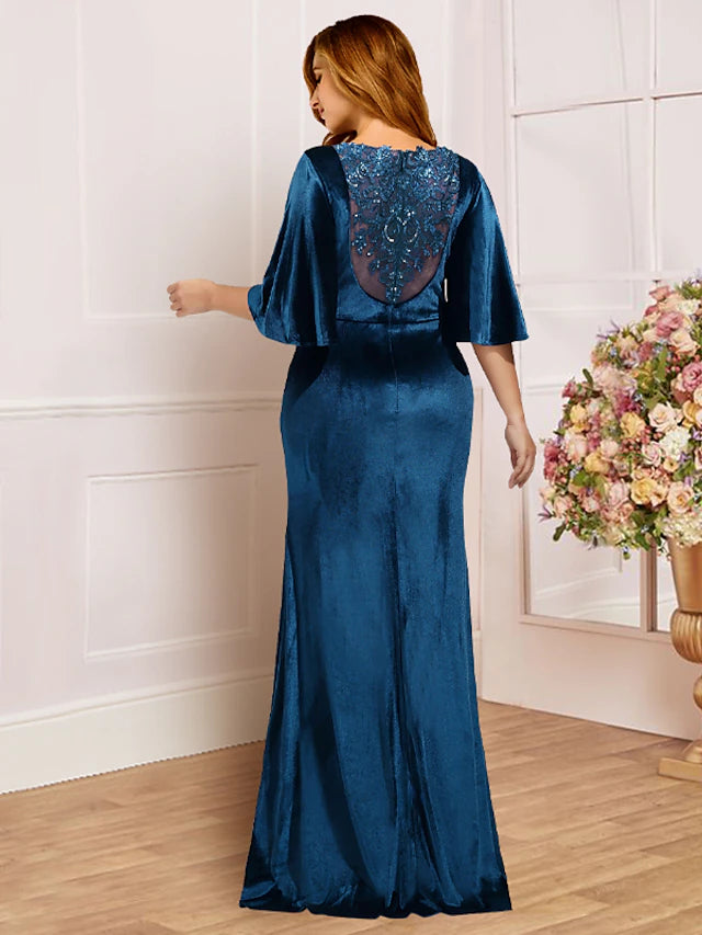Luolandi Plus Size Curve Mother of the Bride Dress Wedding Guest Vintage Elegant Scoop Neck Sweep / Brush Train Velvet Half Sleeve with Beading
