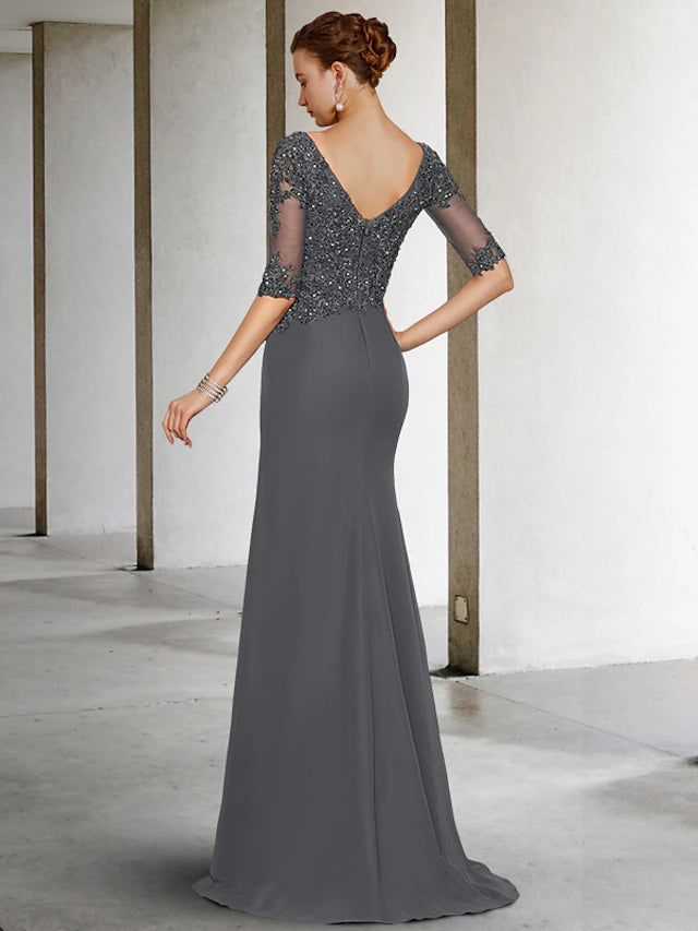 Luolandi Mermaid / Trumpet Mother of the Bride Dress Vintage Elegant V Neck Sweep / Brush Train Chiffon Tulle Half Sleeve with Appliques