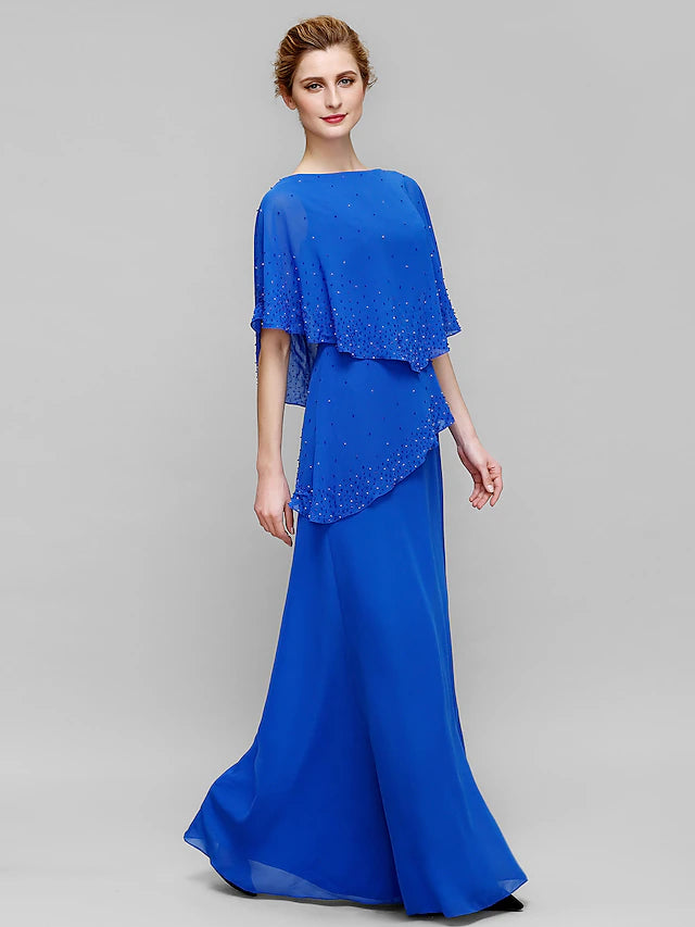 Luolandi Sheath / Column Mother of the Bride Dress Elegant Bateau Neck Floor Length Chiffon Sleeveles